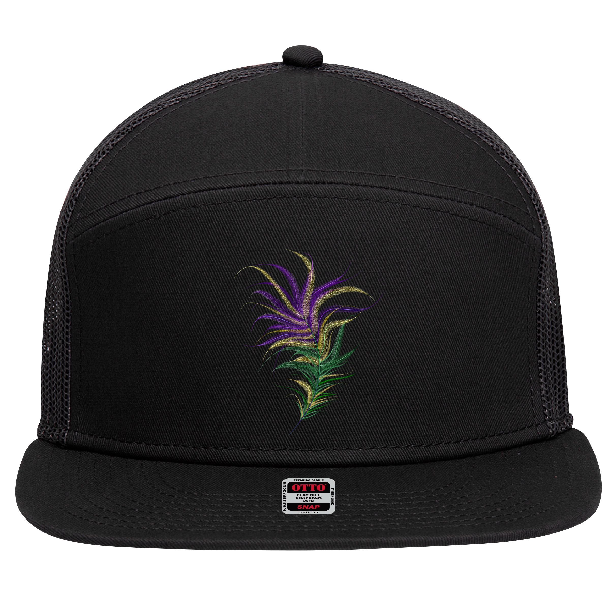 Mardi Gras Festive Feather 7 Panel Mesh Trucker Snapback Hat