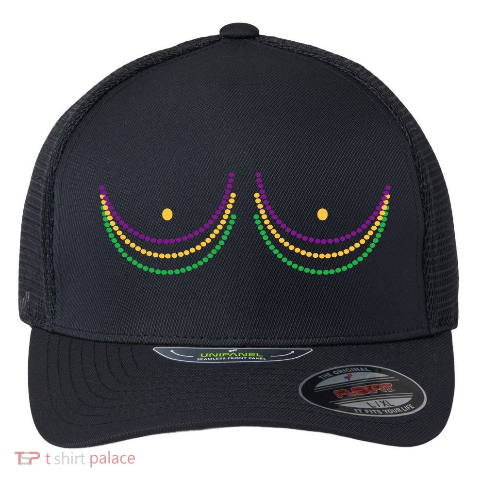 Mardi Gras Funny Beads Boobs Flexfit Unipanel Trucker Cap