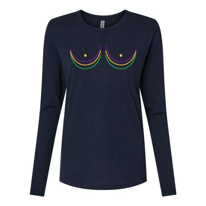 Mardi Gras Funny Beads Boobs Womens Cotton Relaxed Long Sleeve T-Shirt