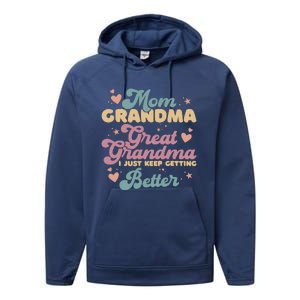 Mom Grandma Great Grandma I Just Keep Getting Better Performance Fleece Hoodie