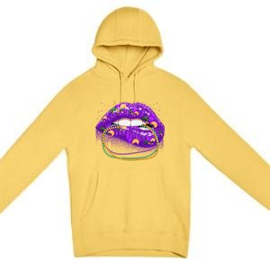 Mardi Gras Glitter Lips And Beads Premium Pullover Hoodie