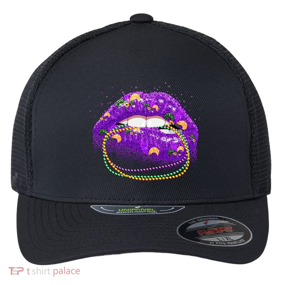 Mardi Gras Glitter Lips And Beads Flexfit Unipanel Trucker Cap