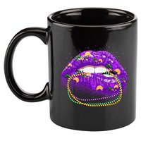Mardi Gras Glitter Lips And Beads 11oz C Handle Ceramic Mug