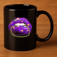 Mardi Gras Glitter Lips And Beads 11oz C Handle Ceramic Mug