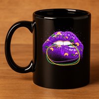 Mardi Gras Glitter Lips And Beads 11oz C Handle Ceramic Mug