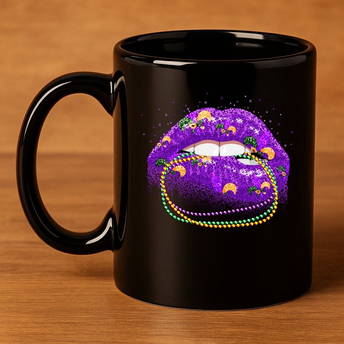 Mardi Gras Glitter Lips And Beads 11oz C Handle Ceramic Mug