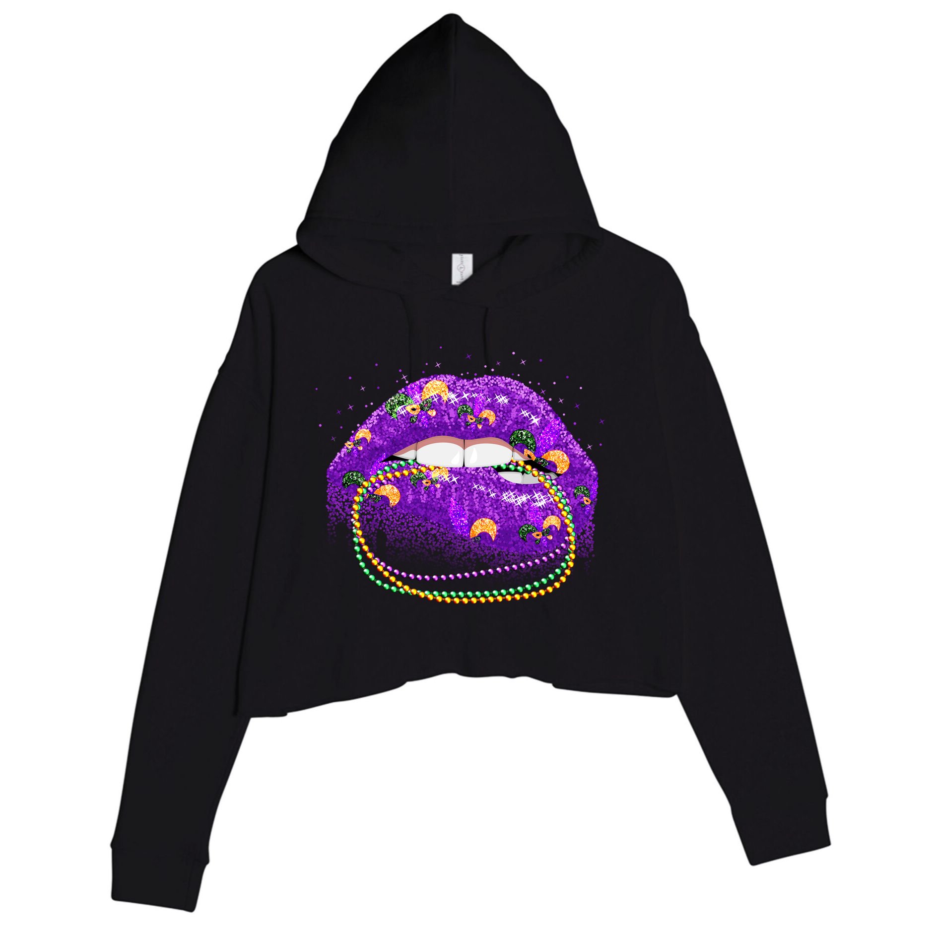 Mardi Gras Glitter Lips And Beads Crop Fleece Hoodie