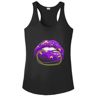 Mardi Gras Glitter Lips And Beads Ladies PosiCharge Competitor Racerback Tank