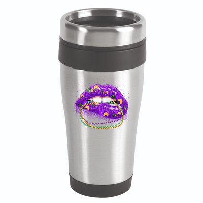 Mardi Gras Glitter Lips And Beads 16oz Travel Tumbler