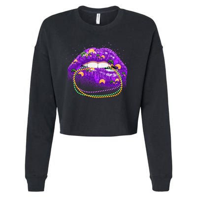 Mardi Gras Glitter Lips And Beads Cropped Pullover Crew