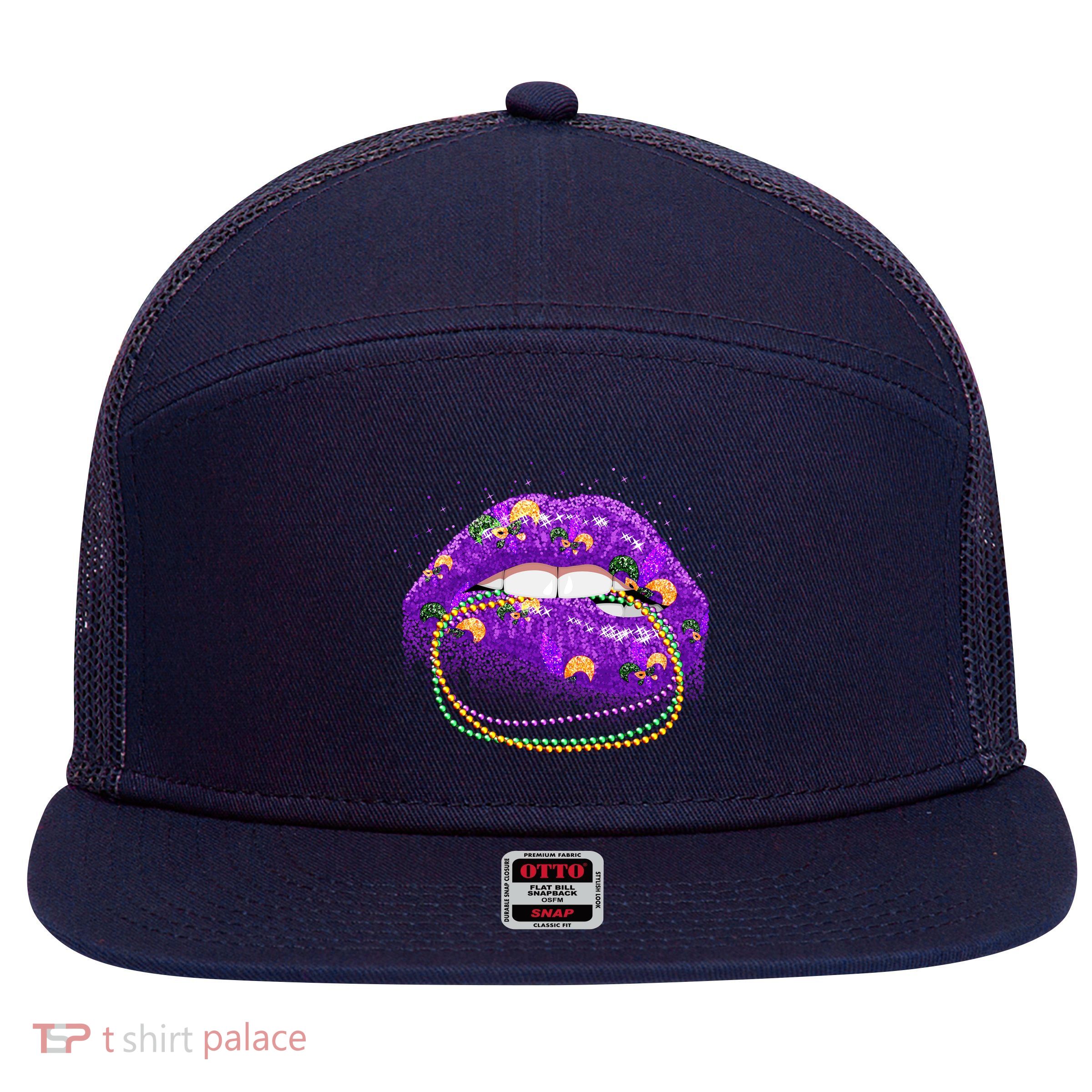 Mardi Gras Glitter Lips And Beads 7 Panel Mesh Trucker Snapback Hat