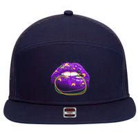 Mardi Gras Glitter Lips And Beads 7 Panel Mesh Trucker Snapback Hat