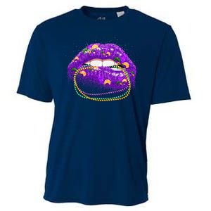 Mardi Gras Glitter Lips And Beads Cooling Performance Crew T-Shirt