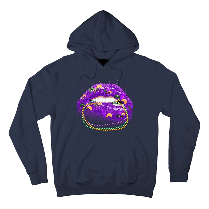 Mardi Gras Glitter Lips And Beads Hoodie