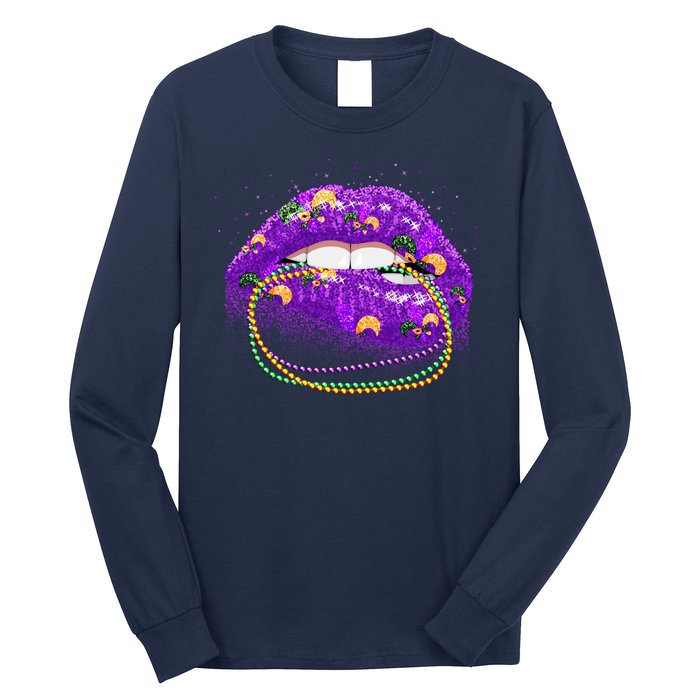 Mardi Gras Glitter Lips And Beads Long Sleeve Shirt