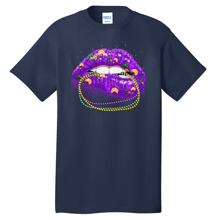 Mardi Gras Glitter Lips And Beads Tall T-Shirt