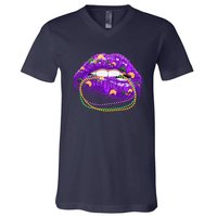 Mardi Gras Glitter Lips And Beads V-Neck T-Shirt