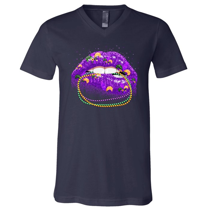 Mardi Gras Glitter Lips And Beads V-Neck T-Shirt