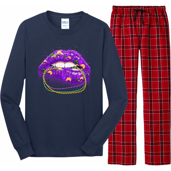 Mardi Gras Glitter Lips And Beads Long Sleeve Pajama Set