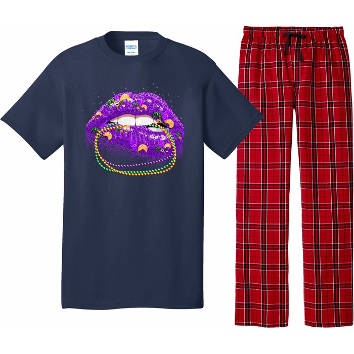 Mardi Gras Glitter Lips And Beads Pajama Set