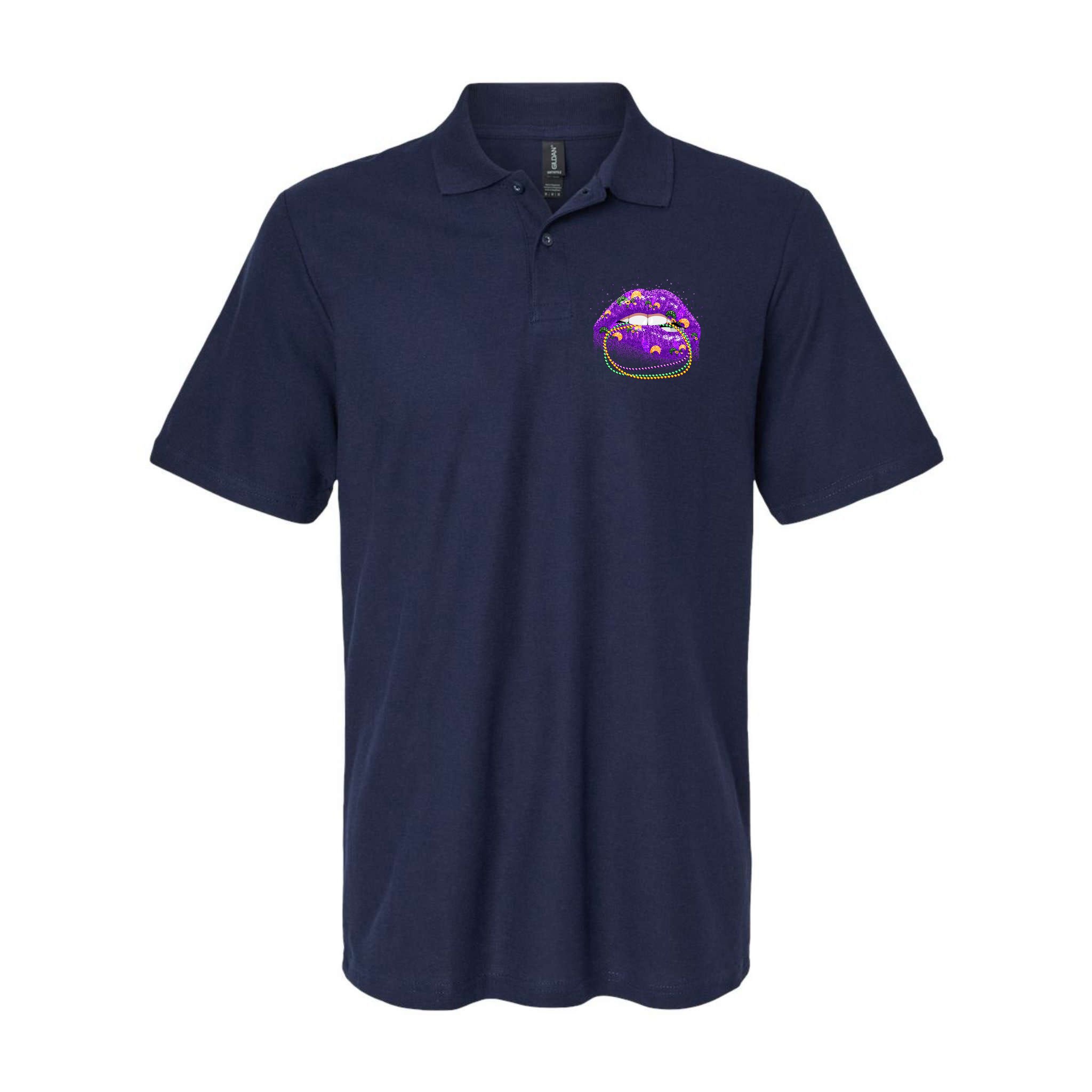 Mardi Gras Glitter Lips And Beads Polo