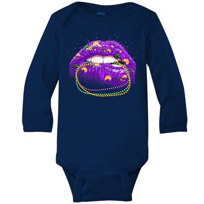 Mardi Gras Glitter Lips And Beads Baby Long Sleeve Bodysuit