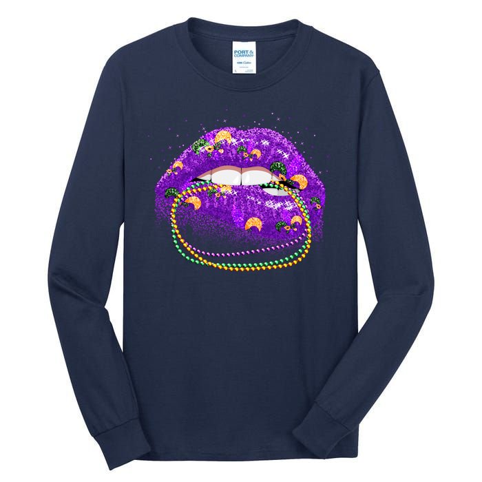 Mardi Gras Glitter Lips And Beads Tall Long Sleeve T-Shirt