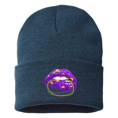 Mardi Gras Glitter Lips And Beads Sustainable Knit Beanie