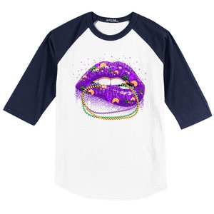 Mardi Gras Glitter Lips And Beads Baseball Sleeve Shirt