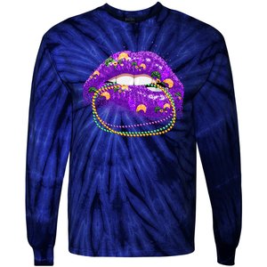 Mardi Gras Glitter Lips And Beads Tie-Dye Long Sleeve Shirt