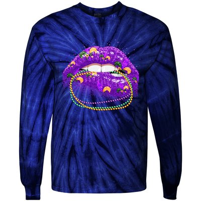 Mardi Gras Glitter Lips And Beads Tie-Dye Long Sleeve Shirt