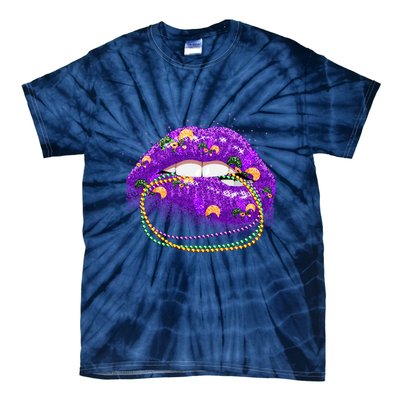 Mardi Gras Glitter Lips And Beads Tie-Dye T-Shirt