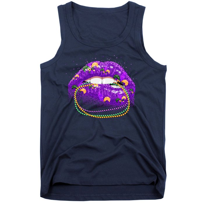 Mardi Gras Glitter Lips And Beads Tank Top