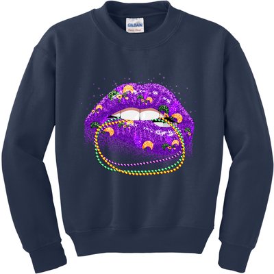 Mardi Gras Glitter Lips And Beads Kids Sweatshirt