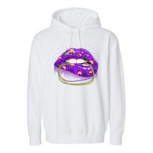 Mardi Gras Glitter Lips And Beads Garment-Dyed Fleece Hoodie