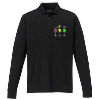 Mardi Gras Glass Of Wine Funny Drinking Wine For Performance Long Sleeve Polo