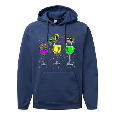 Mardi Gras Glass Of Wine Funny Drinking Wine For Performance Fleece Hoodie