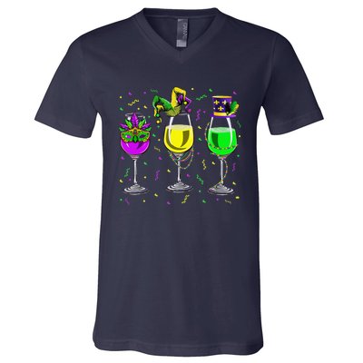 Mardi Gras Glass Of Wine Funny Drinking Wine For V-Neck T-Shirt