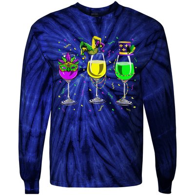 Mardi Gras Glass Of Wine Funny Drinking Wine For Tie-Dye Long Sleeve Shirt