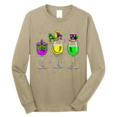 Mardi Gras Glass Of Wine Funny Drinking Wine For Long Sleeve Shirt