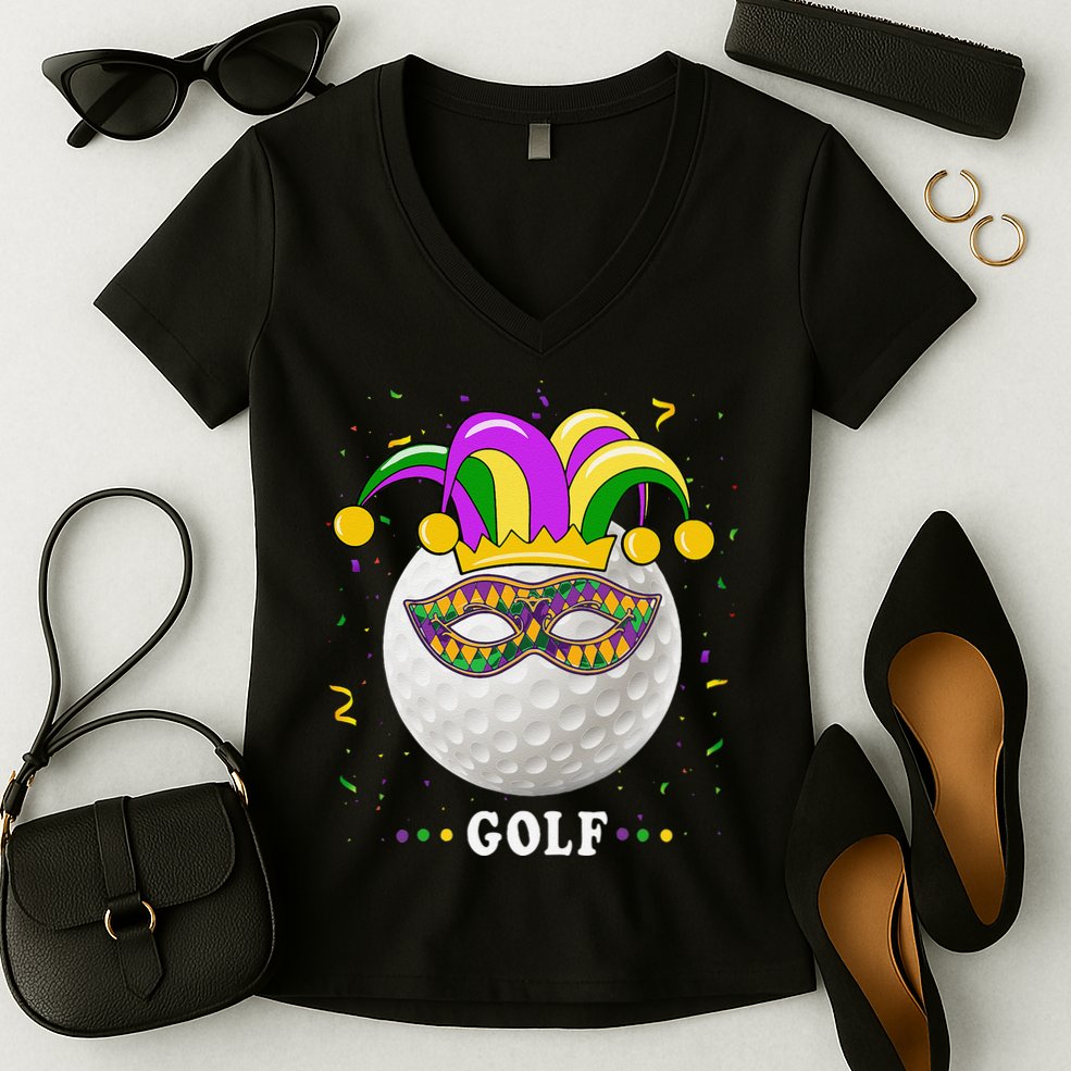 Mardi Gras Golf Costume Mardi Gras Jester Hat Golf Lover Women's V-Neck T-Shirt