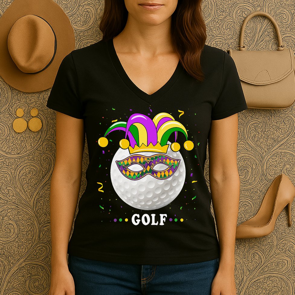 Mardi Gras Golf Costume Mardi Gras Jester Hat Golf Lover Women's V-Neck T-Shirt