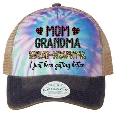 Mom Grandma Great Grandma I Just Keep Getting Better Leopard Legacy Tie Dye Trucker Hat