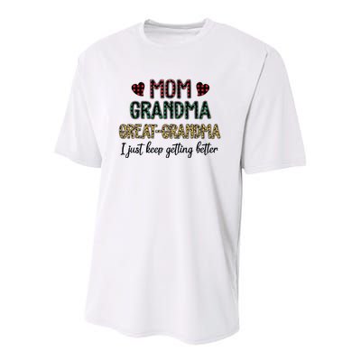 Mom Grandma Great Grandma I Just Keep Getting Better Leopard Youth Performance Sprint T-Shirt