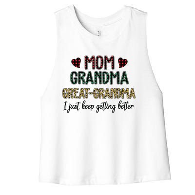 Mom Grandma Great Grandma I Just Keep Getting Better Leopard Women's Racerback Cropped Tank