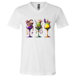 Mardi Gras Glass Funny Drinking Wine Festival Parade V-Neck T-Shirt