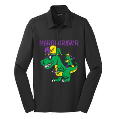 Mardi Gras Grawr Trex Voodoo Dab Dinosaur Silk Touch Performance Long Sleeve Polo