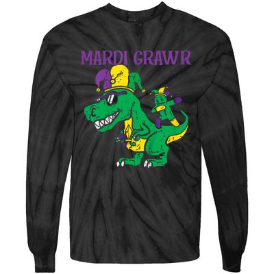 Mardi Gras Grawr Trex Voodoo Dab Dinosaur Tie-Dye Long Sleeve Shirt