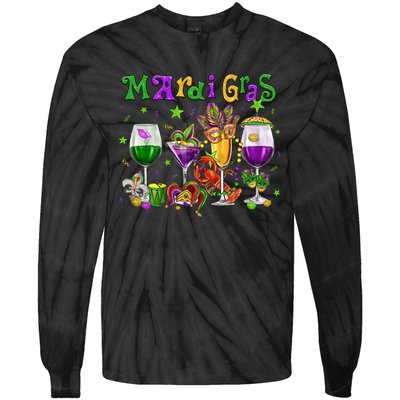 Mardi Gras Glass Of Wine Drinking Team Wine Festival Parade Tie-Dye Long Sleeve Shirt