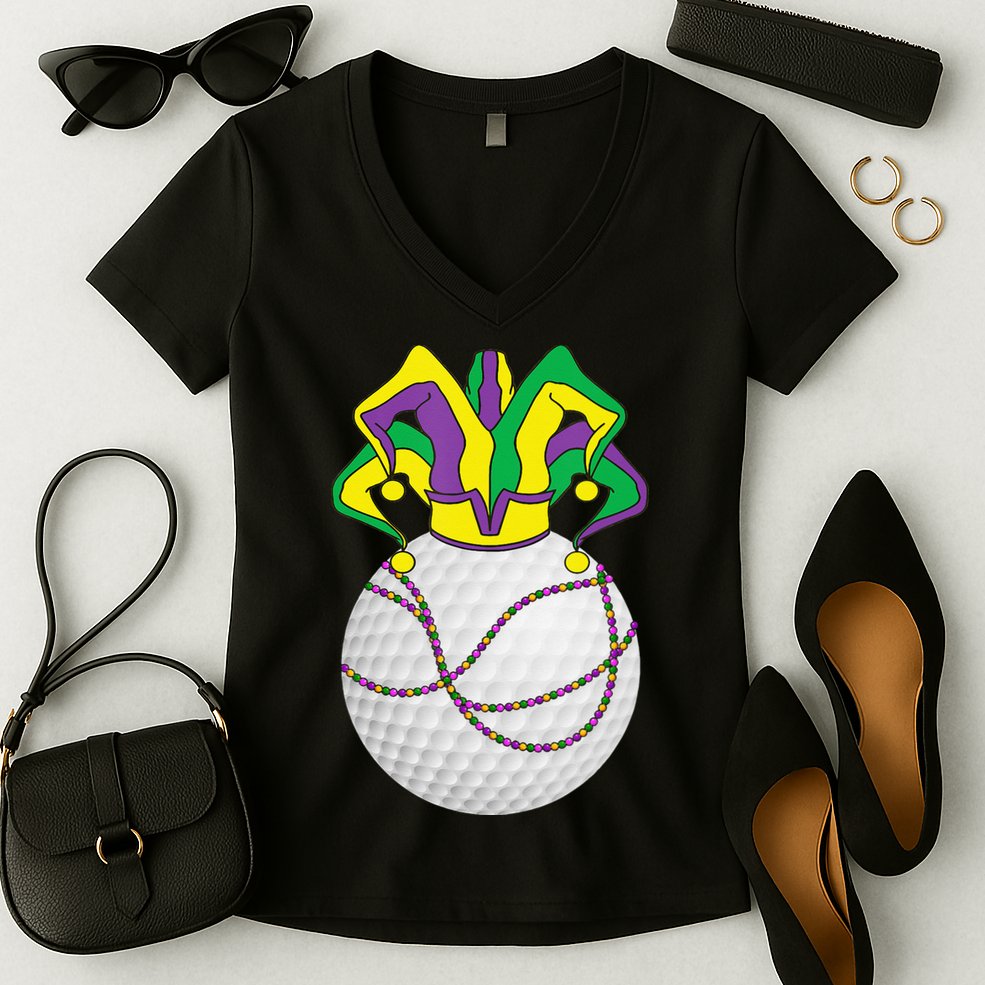 Mardi Gras Golf Jester Hat Funny Festival Party Women's V-Neck T-Shirt